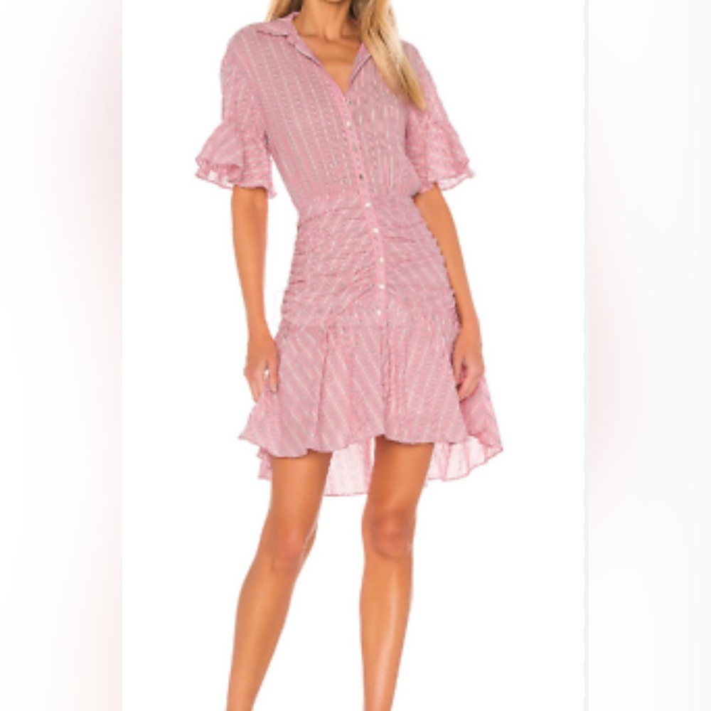 5 a 7 Cinq a Sept Asher Stripe Ruched Hi-low Hem Button Front Cotton Dress.
